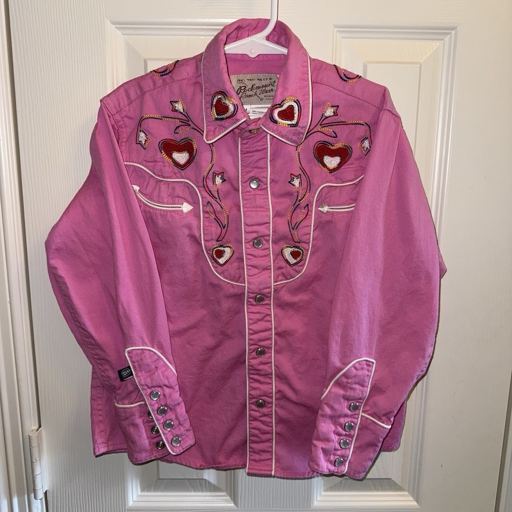 Girls Rockmount Ranch Wear Pink Hearts Floral Embroidered Western Shirt Medium
